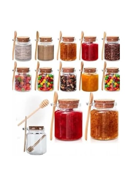 Cam Kavanoz Seti, 350 Ml, Mantar Kapaklı, Ahşap Bal Kaşığı Ile, Mutfak Saklama Kabı (6)
