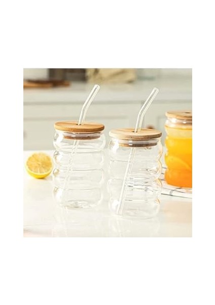 2 Adet Şeffaf Cam Pipetli Ahşap Kapaklı Dayanıklı Şeritli Boğumlu Bardak – Kahve ve Meyve Suyu Için