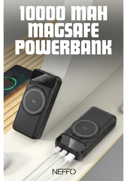10000MAH Magsafe 15W Kablosuz ve 22.5W Hızlı Kablolu Şarj Destekli Manyetik Powerbank – LCD Ekranlı
