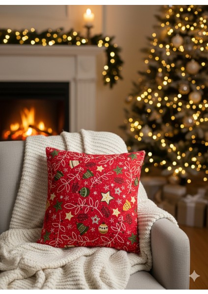Yılbaşı Desenli Kırmızı Yastık Kırlent Kılıfı , Yeni Yıl Dekoru, Hediyelik ( 42 x 42 cm )