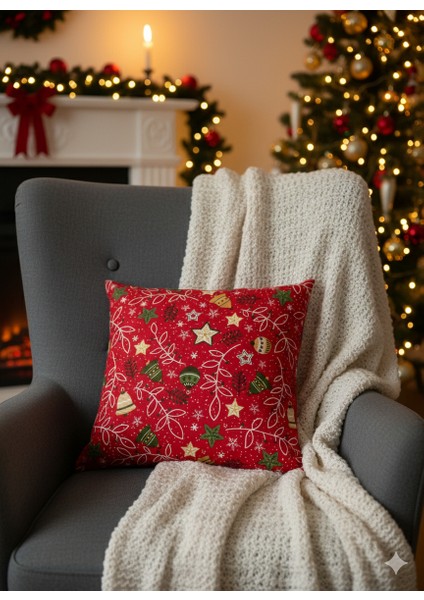 Yılbaşı Desenli Kırmızı Yastık Kırlent Kılıfı , Yeni Yıl Dekoru, Hediyelik ( 42 x 42 cm ) fiyatları