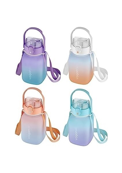 1100ML Çocuk Askılı Pipetli/pipetsiz Kullanım Çift Renk Motivasyon Matarası Çıkartma Hediyeli