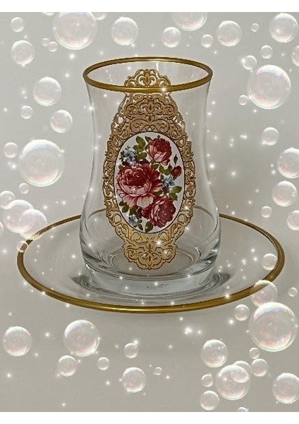 Altın Çerçeve Gül Desenli Cam Bardak ve Tabak 6 Kişilik Çay Seti fiyatları