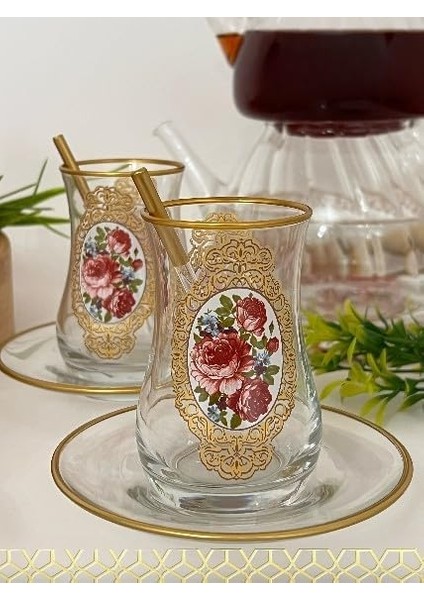 Altın Çerçeve Gül Desenli Cam Bardak ve Tabak 6 Kişilik Çay Seti modelleri