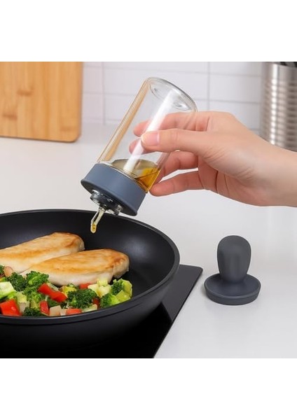 Fırçalı Cam Yağlık – Silikon Başlıklı, Sızdırmaz ve Ölçekli Sos & Yağ Dağıtıcı Şişe (20 Cm)