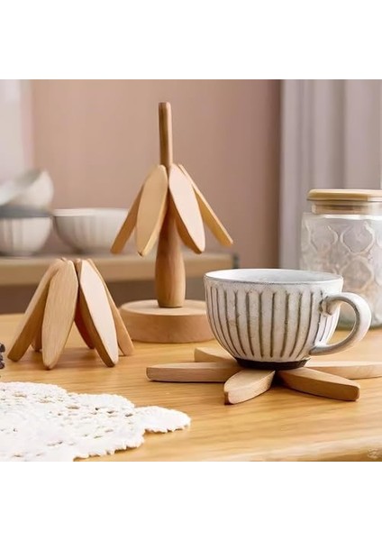 Katlanır Bambu 2&apos;li Standı Dayanıklı Bardak ve Tencere Altı Çaydanlık Altı Şık Tasarım Sofra Mutfak Tezgahlarına Uygun