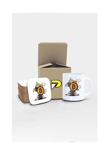 Bitcoin Kriptopara Maskot Tasarımlı Baskılı Kupa Bardak Seti, Eğlenceli Özel Hediye Mug