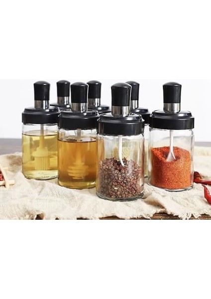 Cam Baharatlık Seti, 6&apos;lı, Kendinden Fırçalı ve Kaşıklı, Bal Kavanozu, Siyah Kapaklı Set, 300 ml Baharatlık Kavanoz Ballık Seti fiyatları