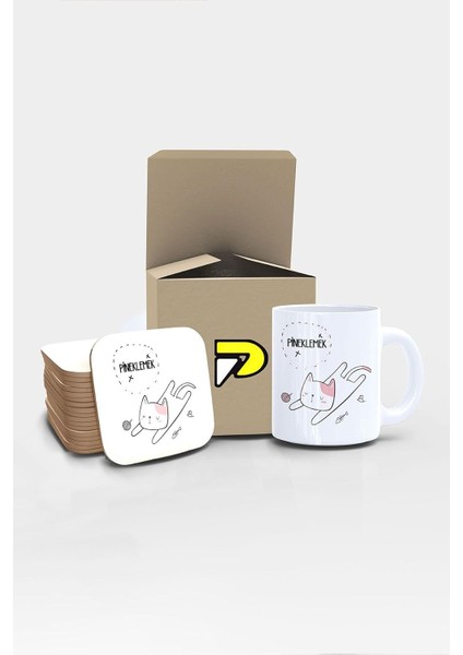 Pineklemek Kedi Tasarımlı Baskılı Kupa Bardak Seti, Eğlenceli Özel Hediye Mug