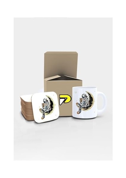 Astronot Ay Kriterinde Keyif Uzay Tasarımlı Baskılı Kupa Bardak Seti, Eğlenceli Özel Hediye Mug