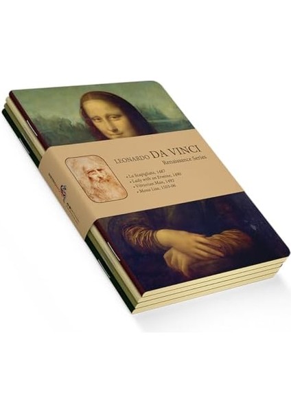 Renaissance Series - A5, Da Vinci 4&apos;lü Defter Seti I, Çizgisiz, Toplam 256 Sayfa, Her Biri 64 Sayfa, Tel Dikiş, Esnek Kapak, Oval Kenar, Tuval Doku, 60 Gram, Sarı Krem Renk modelleri