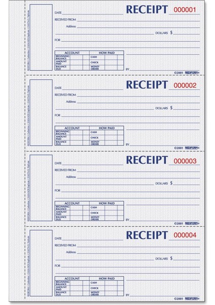 Numbered Money Receipt Kitap, 6 – 7/8 x 2 3/4, Three-Parça, 200 FORMS