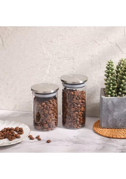 2&apos;li Vakum Kapaklı Borosilikat Cam Saklama Kabı Seti – Mini Boy, Hava Geçirmez, Gıda Saklama Için Ideal-Baharat,kahve,şeker-Mini Baharatlık (Metal Yuvarlak, 250 Ml)