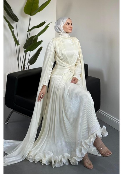 Rienne Pelerinli Pliseli Jan Jan Abiye Ekru fiyatları