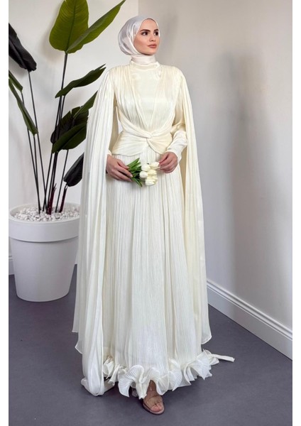 Rienne Pelerinli Pliseli Jan Jan Abiye Ekru modelleri