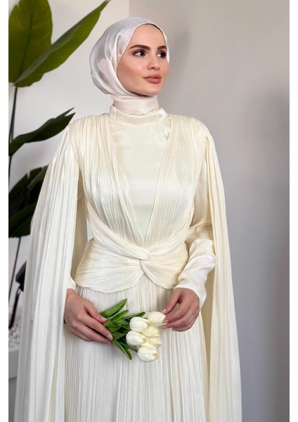 Rienne Pelerinli Pliseli Jan Jan Abiye Ekru indirimleri