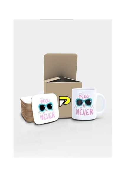 Meow Or Kedi Tasarımlı Baskılı Kupa Bardak Seti, Eğlenceli Özel Hediye Mug