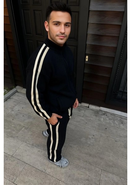 Erkek Çift Şeritli Eşofman Takım Dik Yaka Fermuarlı Sweatshirt Boru Paça Alt, Oversize 3 Iplik Pamuklu fiyatları