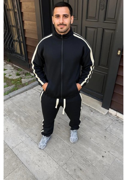 Erkek Çift Şeritli Eşofman Takım Dik Yaka Fermuarlı Sweatshirt Boru Paça Alt, Oversize 3 Iplik Pamuklu modelleri