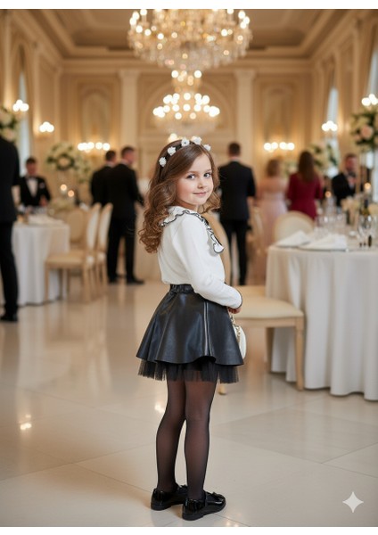 Kız Çocuk Şık Davet Kıyafeti – Deri Görünümlü Etek ve Uzun Kollu Bluz fiyatları