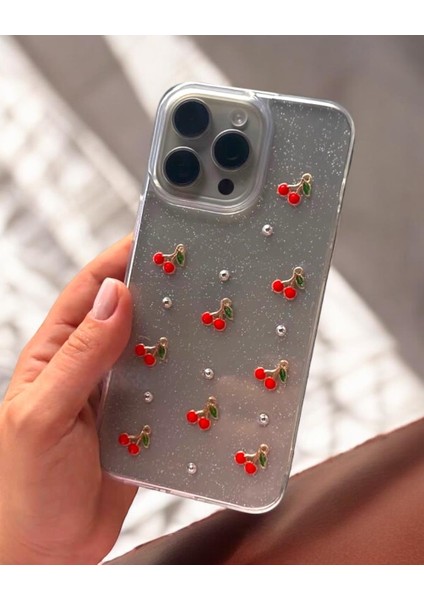 Iphone Uyumlu Şeffaf Simli Kirazlı Kılıf
