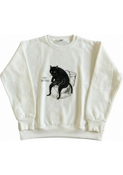 Erkek Bisiklet Yaka Siyah Kedi Regular Fit Sweatshirt Nefes Alan Baskılı Pamuklu Rahat fiyatları