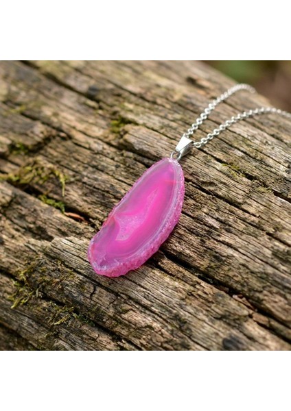 Pembe Akik Taşı Dilim Kolye – Çelik Zincirli
