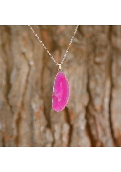 Pembe Akik Taşı Dilim Kolye – Çelik Zincirli fiyatları