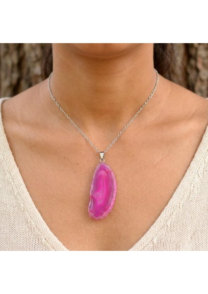 Pembe Akik Taşı Dilim Kolye – Çelik Zincirli modelleri