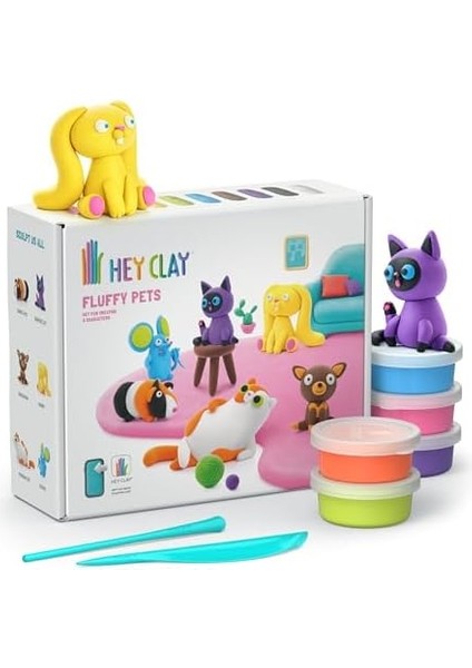 Hey Clay Sevimli Evcil Hayvanlar Seti - Çocuklar Için Hava ile Kuruyan Renkli ve Şekil Alan Kil Hava ile Kuruyan 15 Kutu Kil Seti ve Şekillendirme Aletleri ile Eğlenceli ve Etkileşimli Talimatlar