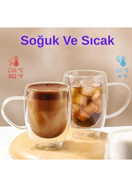 Çift Duvarlı Cam Kahve Kupası 250ML – Dayanıklı, Mikrodalga & Bulaşık Makinesi Uyumlu, 2’li Şık Set