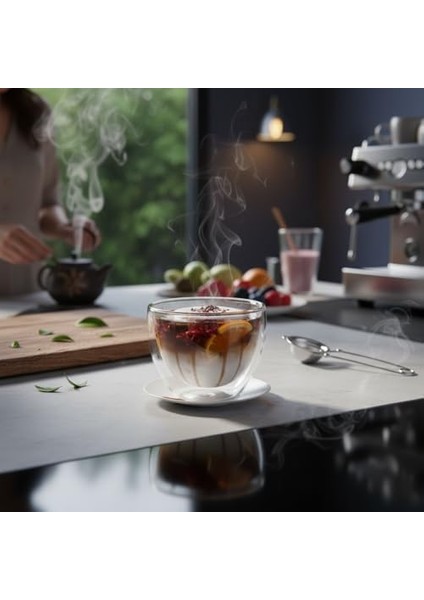 1 Adet Çift Cidarlı Borosilikat Cam Kase (250 Ml) - Isı Yalıtımlı, El Yakmayan Şeffaf Servis Kasesi | 9x7.5 cm | Tatlı, Yoğurt, Çorba Kasesi