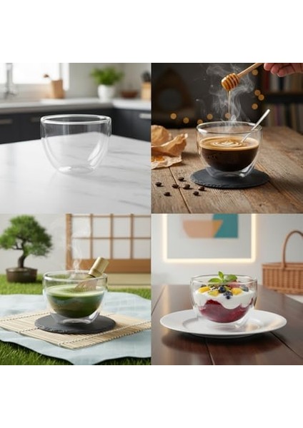 1 Adet Çift Cidarlı Borosilikat Cam Kase (250 Ml) - Isı Yalıtımlı, El Yakmayan Şeffaf Servis Kasesi | 9x7.5 cm | Tatlı, Yoğurt, Çorba Kasesi fiyatları