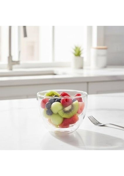 1 Adet Çift Cidarlı Borosilikat Cam Kase (250 Ml) - Isı Yalıtımlı, El Yakmayan Şeffaf Servis Kasesi | 9x7.5 cm | Tatlı, Yoğurt, Çorba Kasesi modelleri