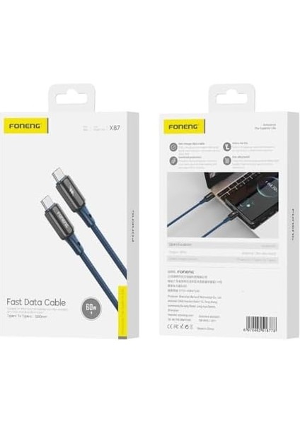 Foneng X87 60W Type-C To Type-C Örgülü Pd Hızlı Şarj ve Data Kablosu 1.2 Metre