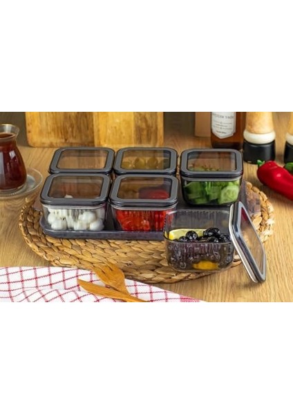 Tepsili Lüx 6 Bölmeli 13 Parça Kahvaltılık Seti - Vakum Kapaklı Krital Kahvaltı ve Çerez Sunum Takımı