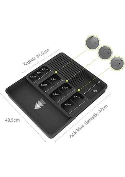 Genişleyebilir Çekmeci Içi Düzenleyici Ayarlanabilir Kaşıklık ve Bıçaklık Seti