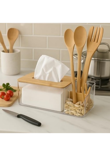 Bambulu Şeffaf Peçetelik ve Organizer – Çok Amaçlı Masa Düzenleyici, Modern Minimalist Tasarım modelleri