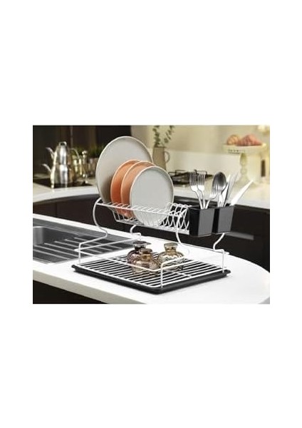 Sas Haus Ömür Boyu Paslanmaz Bulaşıklık Bulaşık Sepeti Iki Katlı Tabaklık Termo Plastik Kaplama Beyaz
