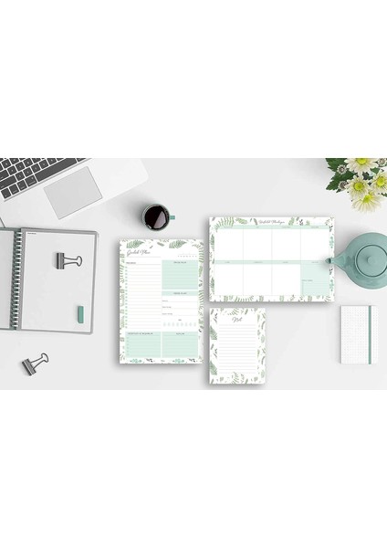 3&apos;lü Yaprak Desenli Masaüstü Planlayıcı Set