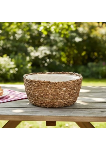 El Yapımı Hasır Yuvarlak Ekmek Sepeti, Içi Bezli Çok Amaçlı Dekoratif Sepet ve Mutfak Düzenleyici (18X18X8 Cm)