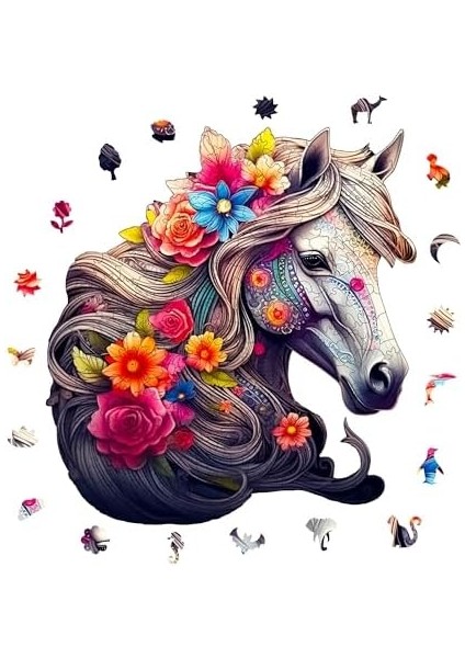 Pinecone - Ahşap Puzzle Yetişkinler Için - Çiçek Yeleli At Figürü Benzersiz Parçalı Puzzle - 210 Parça Ahşap Yapboz - Yapıştırıcı Folyo Dahil - Dekoratif Ahşap Puzzle - 27X29 cm - Wz-09