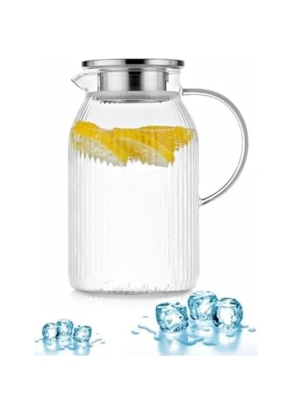 Metal Kapaklı Cam Sürahi – Çizgili Tasarım, Dayanıklı Şeffaf Cam, Şık ve Ergonomik Mutfak Gereci, Soğuk ve Içecekler Için fiyatları