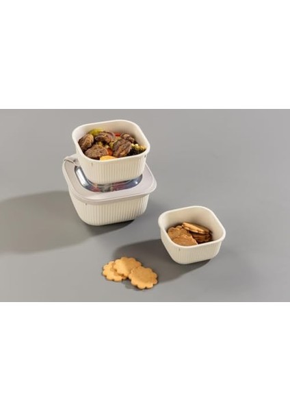 3&apos;lü Microline Saklama Kabı Seti, 600-1100-1800 Ml, Hava Tahliye Kapağı ile Mikrodalgada Kapağı Kapalı Isıtma, Vakumlu, Sızdırmaz, Bpa, Silikon Kapaklı,gıda Saklama Pp (Krem)