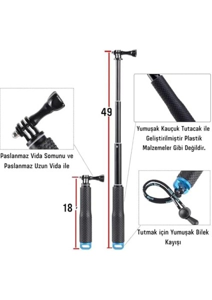 Uyumlu Selfie Çubuğu,/djı/akaso Aksiyon Kamera Selfie Çubuğu,alüminyum Gövde,su Altı Kullanımına Uygun Paslanmaz Vida,kaymaz Kauçuk Sap,bilek Kayışı & Spor – Seyahat – Vlog Için
