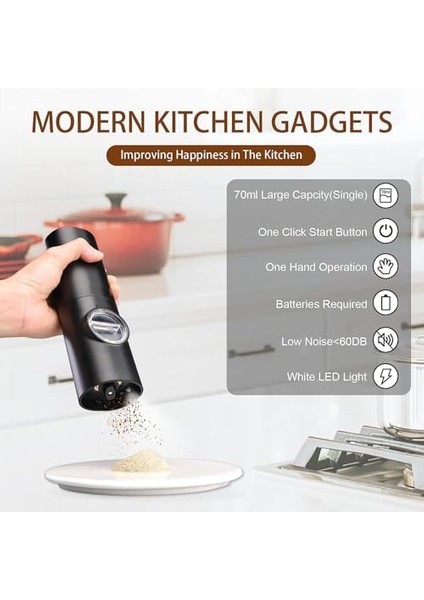 Elektrikli Tuz ve Karabiber Öğütücü, LED Işıklı Elektrikli Karabiber Değirmeni, Tek Elle Çalıştırma, Ayarlanabilir Öğütme Kalınlığı, Pil Dahil Değildir (Siyah)