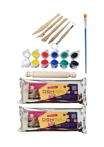 Dsh Doğal Seramik Hamuru 2li Seramik Başlangıç Seti 7-5li Ahşap Ebeşuar, 2ADET 1000 gr Kil Hamuru, 6&apos;lı Boya, Fırça, Merdane Beyaz modelleri