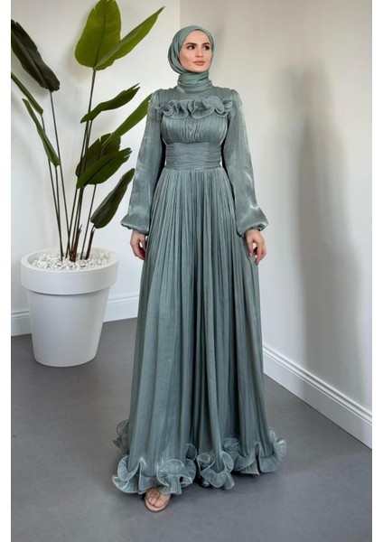 Maryam Altı ve Göğüs Kısmı Fırfırlı Janjan Abiye Mint fiyatları