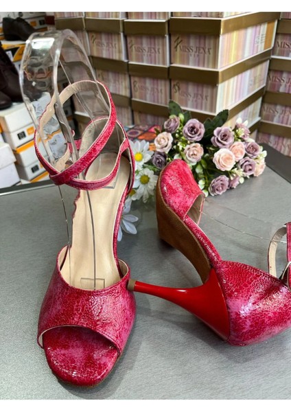 Kırmızıpembe Mermer Desen Kelebek Model Tango, Dans ve Salon Abiye Ayakkabısı 8,5 cm Topuk Boy modelleri