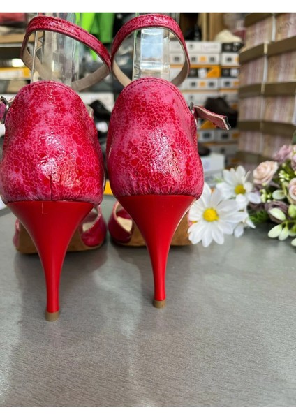 Kırmızıpembe Mermer Desen Kelebek Model Tango, Dans ve Salon Abiye Ayakkabısı 8,5 cm Topuk Boy fırsatları